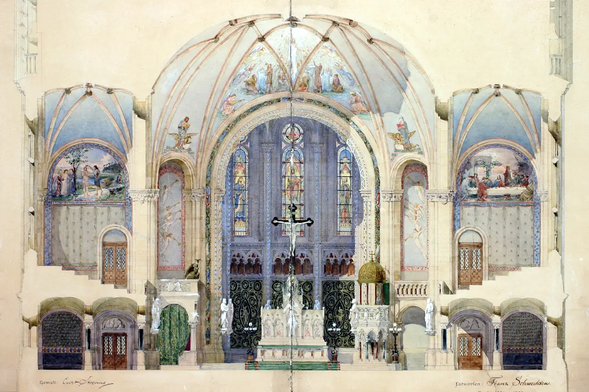 Franz Schwechten's coloured cross-section drawing of the planned church interior, with a vaulted nave, mosaic walls and a high altar